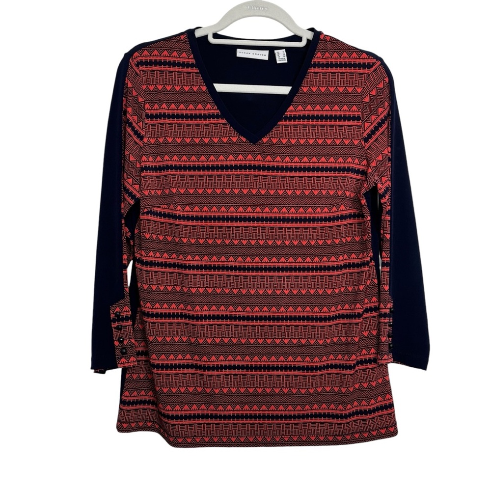 Susan Graver Liquid Knit 3/4 Sleeve Geometric Print Top Size Small Blue Coral